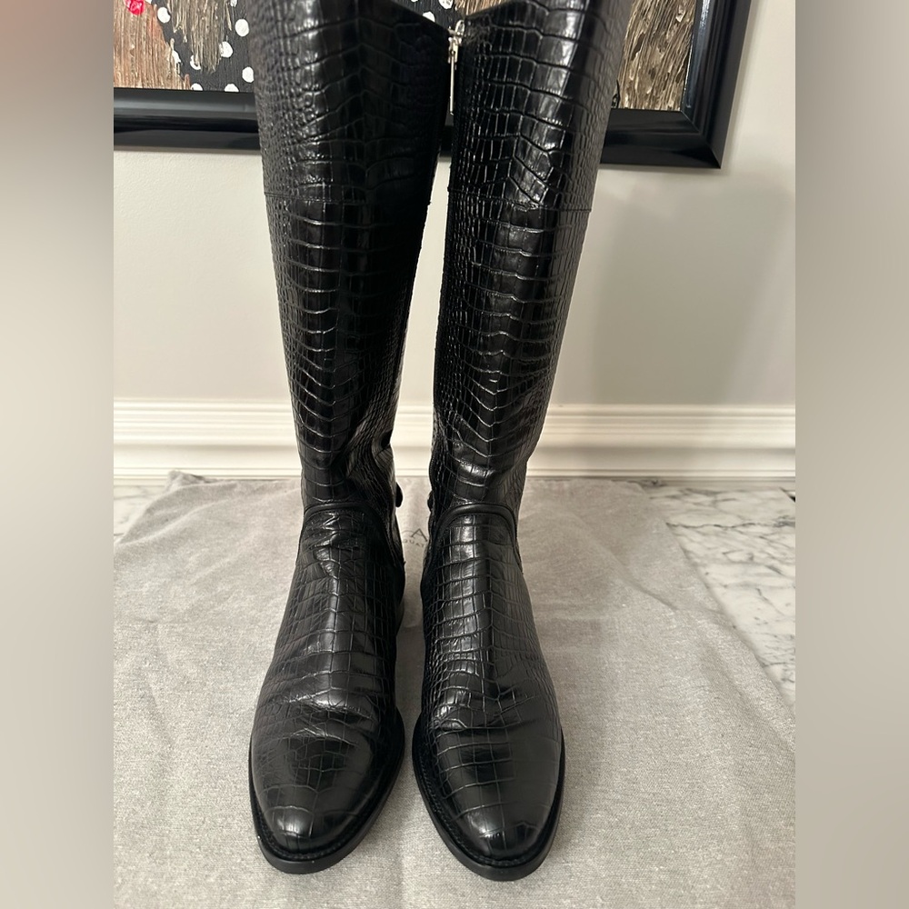 Aquatalia NERNIA Croco Asymmetrical Black Riding Boots, Size 7.5